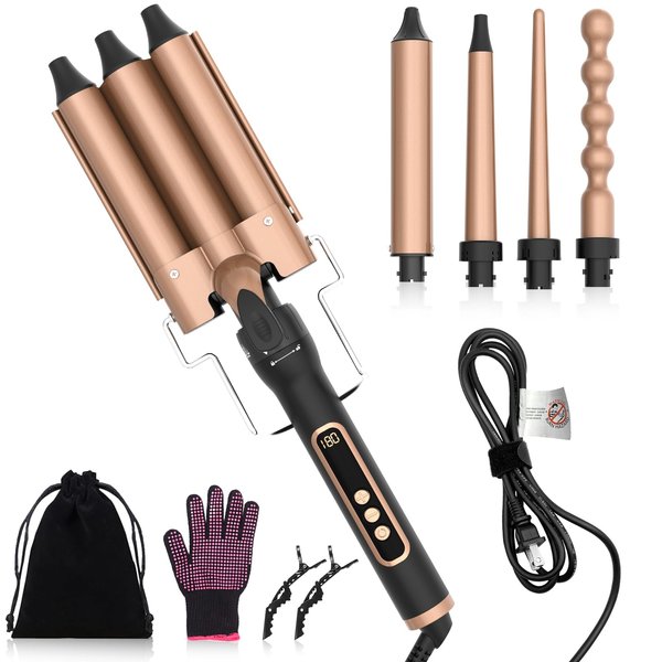 MQFORU Curling Iron 5 in 1 Curling Wand Set with 4 Interchangeable Hair Wands (0.35"-1.25") 3 Barrel Beach Waver, 28 TEM Adjustments& Digital Display, Include Heat Protective Glove &, 2 Clips