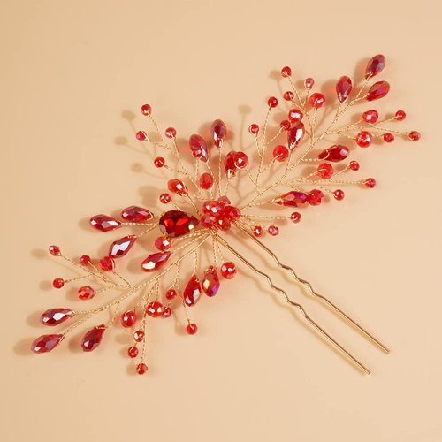 Teyglen Bridal Red Rhinestones Hair Pins Rhinestones Crystals Wedding Bride Hair Accessories Gold Silver Purple Blue Rhinestones Hair Pieces for Women (Red)