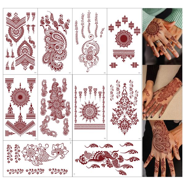 10 Sheets Henna Tattoo Kit, Henna Tattoo Stickers for Women Wedding Party Henna Stickers (Henna Tattoos) 538