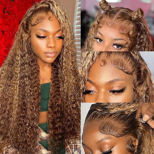 ZZMDS 26 Inch 13x6 Highlight Ombre Deep Wave Lace Front Wigs Human Hair Pre Plucked #4/27 Colored Glueless Wigs Water Wave Honey Blonde Curly Lace Frontal Wigs Human Hair for Women with Baby Hair