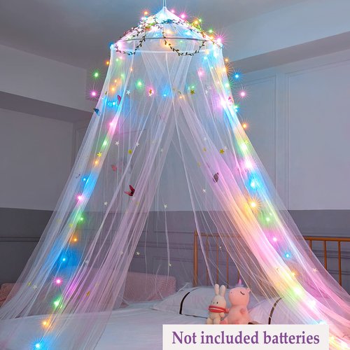 FIOBEE Bed Canopy for Girls Room Bed Canopy Curtains with Led Lights Mosquito Net DIY Princess Room Décor with Stars Butterflies for Kids Bedroom, White