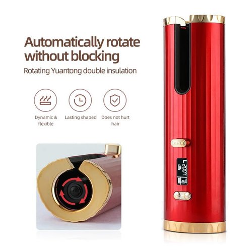 Automatic Curling Iron, Portable Hair Curling, Wireless Rotating Hair Curler with 6 Temp & Timer LCD Display USB Rechargeable, Fast Heating & Auto Shut Off, for Hair Styling (Pink)