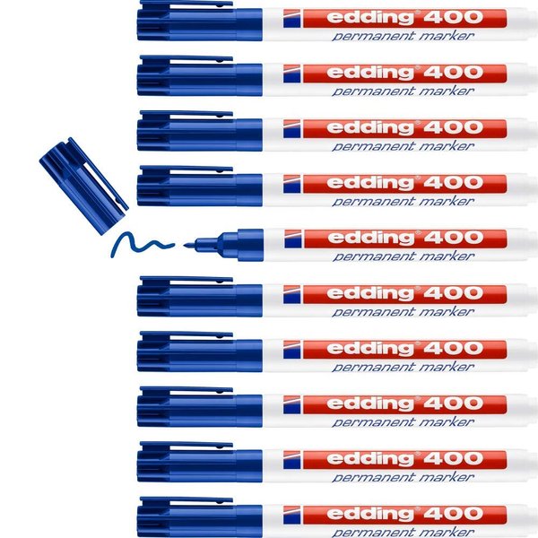 edding 400 Permanent Marker Pen - Blue - 10 Pens - Fine Round Tip 1.0 mm - Quick Drying, Water and Abrasion Resistant - for Cardboard, Plastic, Wood, Metal, Glass