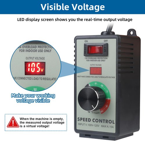 Versatile AC Motor Speed Controller - 100V-120V, 15A Max - Electric Fan Speed Regulator with Overload Protection, Electronic Voltage Regulation, and Voltage LED Display