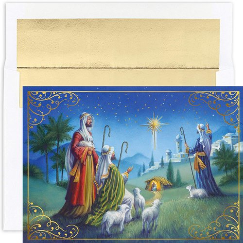 Masterpiece Studios Holiday Brights Collection 16-Count Boxed Religious Christmas Cards with Envelopes, 7.8" x 5.6", Shepherds Watch (911100)