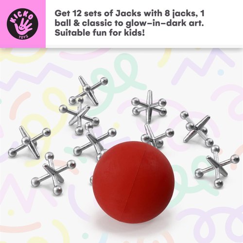 Kicko Metal Jacks Game Set - 12 Packs of Jacks Game for Kids with Metallic Jacks and Ball - Retro Kids Toys for Indoor/Outdoor Play - Fun Metal Jacks and Ball Set for Parties and Favors