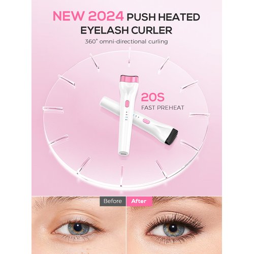 Heated Lash Curler Wand, 2024 New 5D Push Heated Eyelash Curler and Rechargeable 3 Heat Modes Anti-Burn & 5 Mins Power 0ff for Professional Lasting Eyelashes Results, Heated-Eyelash-Curler-Electric