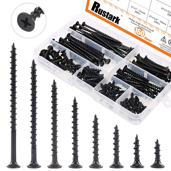 Rustark 160-Pcs #7 Coarse Thread Drywall Screw with Phillips Drive Black Oxide Finsh Bugle Head Wood Screws Assortment Kit Ideal for Drywall Sheetrock