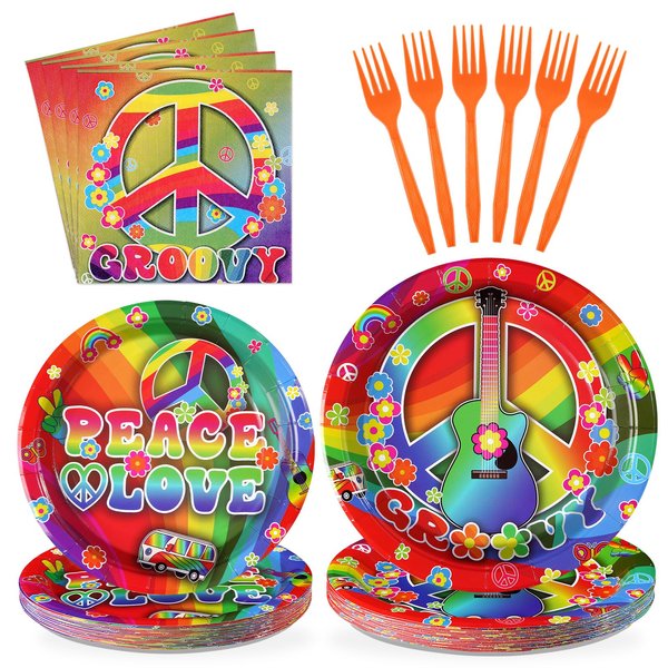 96 Pcs 60's Hippie Plates and Napkins 350 GSM Groovy Party Decorations Disposable Tableware Set Peace Love Tie Dye Birthday Party Decorations for 60s 70s Carnival Baby Shower Party Supplies Serves 24