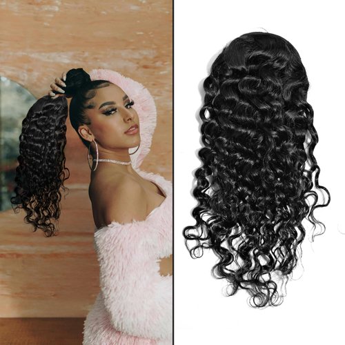 100% Human Hair Drawstring Ponytail Water Wave 1B Black Afro Ponytail Natural Black Color Brazilian Virgin Human Hair Ponytail Remy Hair Extensions For Black Women (14 inch(100G))