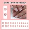 ANDGING Short Press on Nails Square Ombre Pink White Fake Nails Acrylic Glue on Nails with Floral Gradient Design Stick ons Nail for Wedding Women 24Pcs Gel Manicure False Nails with Glue AL6687OP