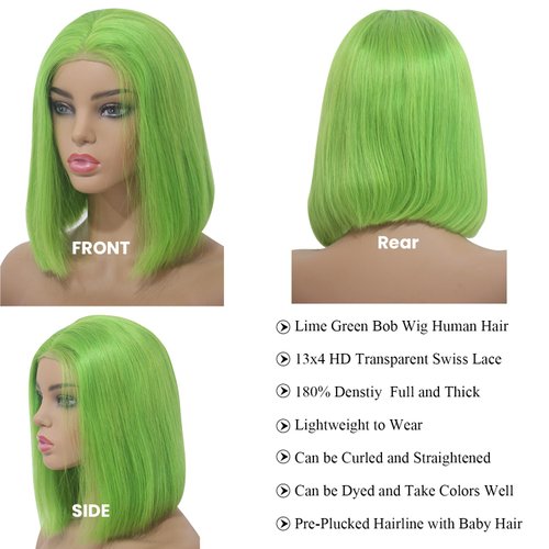 Lime Green Bob Wig Human Hair Lace Front Wigs 10 Inch 13x4 HD Lace Front Wigs Human Hair Pre Plucked Glueless Wigs Short Bob Wig Brazilian Virgin Human Hair Lace Front Wigs for Women 180% Density