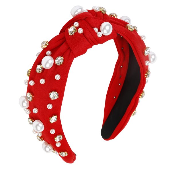 WOVOWOVO Red Pearl Headbands for Women Girls Fashion Top Knot Crystal Wide Head Bands for Women’s Hair Velvet Rhinestone Jeweled Sparkly Beaded Embellished Hairband