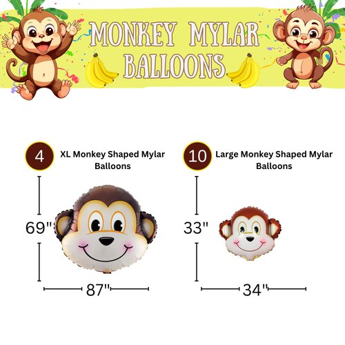 Blue Orchards Monkey Mylar Balloons Set (14 Pieces) - 69" x 87" and 33" x 34" Monkey Shaped Balloons for Birthday, Safari, Banana, Jungle Party Decorations, Plates and Napkins, Monkey Themed Party