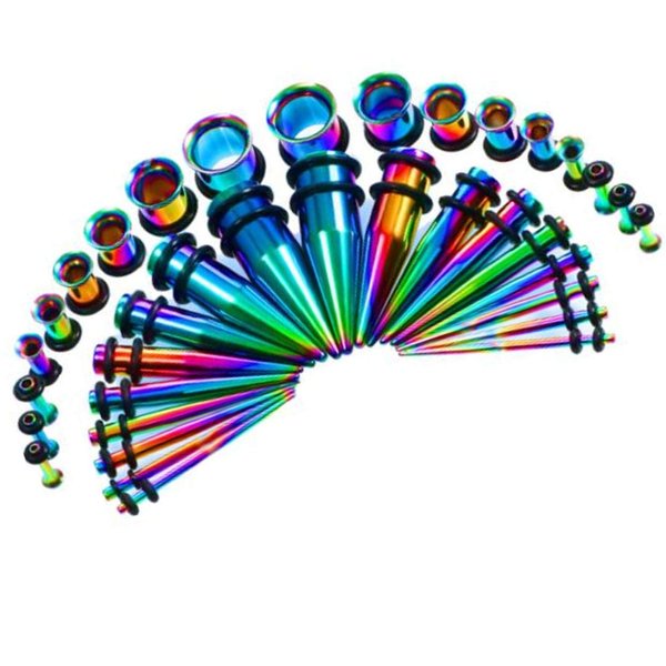 Kjiasiw 36PCS Ear Gauge Stretching Kit Stainless Steel Tapers and Plugs Set Eyelet 14G-00G Body Piercing Jewelry (Rainbow)