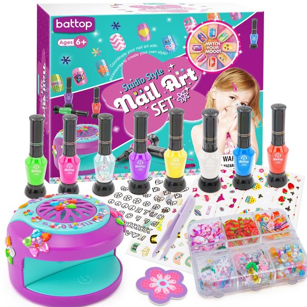 BATTOP Kids Nail Polish Set for Girls, Nail Art Kit for Girls with Nail Dryer & 3D Decoration Cool Birthday Gifts for 7 8 9 10 11 12+ Year Old Girl