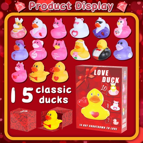 15pcs Valentine's Day Advent Calendar Rubber Ducks for Ducking,Valentine's Day Ducks for Jeeps with Box for Valentine's Party Favors Gifts Bath Toy