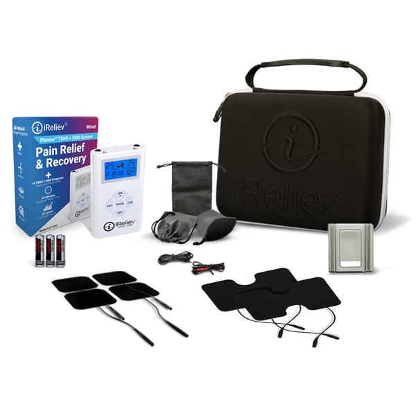 iReliev TENS Unit Muscle Stimulator Combination with Premium Carry Case - TENS for Pain Relief & Arthritis - EMS for Muscle Strength, Recovery, Relaxation - Back, Shoulder, Abdomen, Leg, Knee, & More