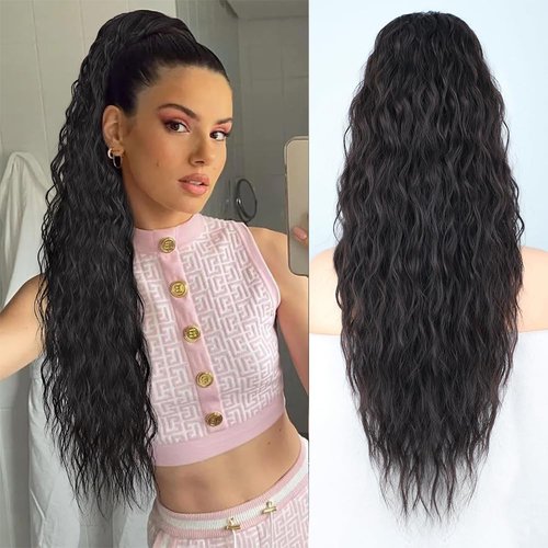 ISIGROSI Curly Ponytail Extension 26” Black Curly Drawstring Ponytail for Black Women Synthetic Heat Resistant Pony Tails Hair Extensions Drawstring Ponytail Hairpieces for Women Daily Use-Black