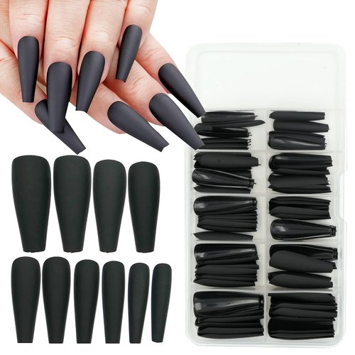 AddFavor 100pcs Coffin Fake Nails Full Cover Long Press on Nails Pure Color Matte Acrylic False Nail Tips for Women and Girls (Black)