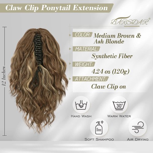 BARSDAR Short Highlight Ponytail Extension - 12 In Claw Clip Short Wavy Ponytail Hair Extensions for Women, Multi Layered Synthetic Clip in Pony Tail Hairpieces Girls Daily Party- Brown & Blonde