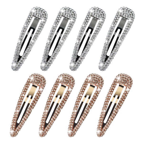 LOSANJI 8PCS Rhinestone Hair Clips, Water Drop Crystal Hair Barrettes, Bling Metal Snap Duckbill Hairpins Sparkle Hair pin, Glittering Hair Accessories for Women Girls-Color, Gold, Silver