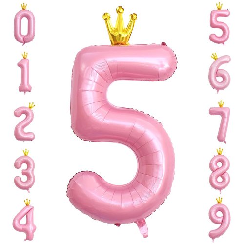 40 Inch Crown Pink Number 5 Balloon, Big Conjoined Baby Pink Foil Mylar Helium 5 Balloon for Girls 5th Birthday Party Decoration Pink Princess Theme Party Supplies Favors Anniversary Decor