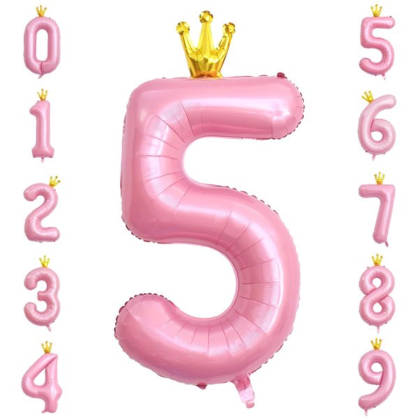 40 Inch Crown Pink Number 5 Balloon, Big Conjoined Baby Pink Foil Mylar Helium 5 Balloon for Girls 5th Birthday Party Decoration Pink Princess Theme Party Supplies Favors Anniversary Decor