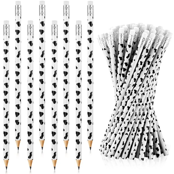 48 Pcs Cow Print Pencils Cow Party Supplies Cartoon Animal Pencils Fun Cow Pattern Decorative Pencils Kawaii Wood Pencils with Eraser Supplies for Students Classroom School Home Kids Party Favor