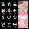 50 Pcs Silver Nail Charms Gems Set, Silver Planet Cherry Butterfly Dollar Crown Star Heart Nail Rhinestones Charms+3D Alloy Butterfly Bows Nail Gems Luxury Nail Rhinestones for Nail Art DIY Decor