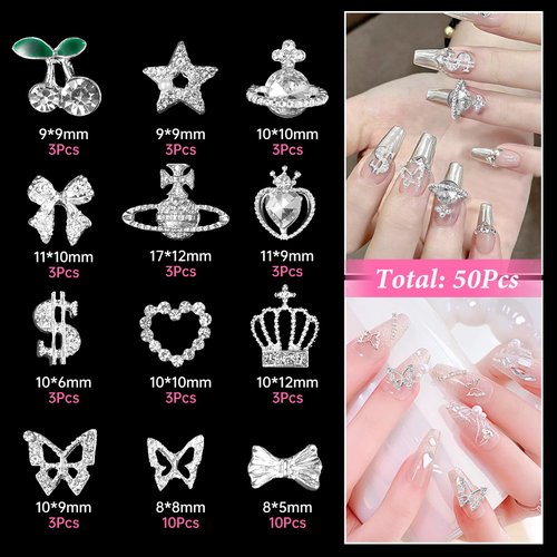 50 Pcs Silver Nail Charms Gems Set, Silver Planet Cherry Butterfly Dollar Crown Star Heart Nail Rhinestones Charms+3D Alloy Butterfly Bows Nail Gems Luxury Nail Rhinestones for Nail Art DIY Decor