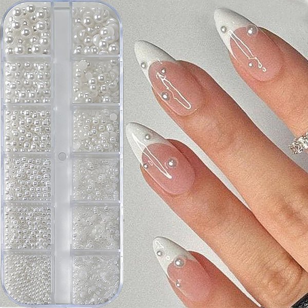 12 Grids White Pearls for Nails Pearl Nail Charms Pearl Beads Nail Art Charms Half Round Pearl Charms for Nails Design Nail Pearls for Crafting Beads for Crafts Flatback Pearls Nail Decor Bead Charms