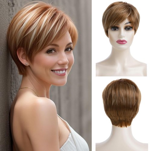 Dsimeig Short Wigs for White Women Blonde Highlights Synthetic Hair Wig Layered Halloween Cosplay Wig,Brown