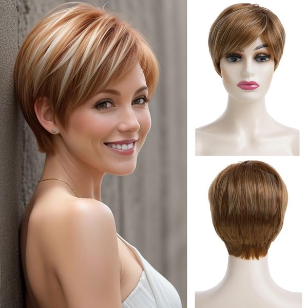 Dsimeig Short Wigs for White Women Blonde Highlights Synthetic Hair Wig Layered Halloween Cosplay Wig,Brown