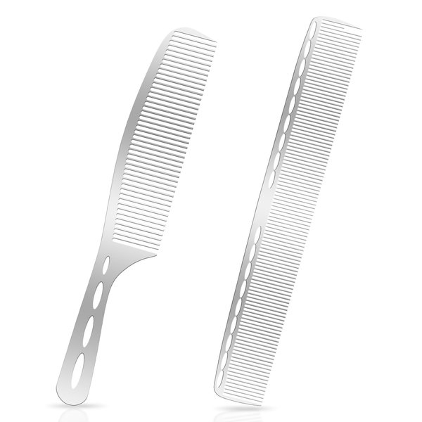 AOZUO 2 Pcs Metal Hair Combs, Flat Iron Comb Anti Static Styling Metal Comb, Professional Hairdressing Barbers Cutting Comb Set Flat Top Teasing Pintail Comb for Women Men Home Salon Stylists Supplies
