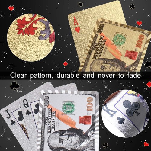 Joyoldelf Playing Cards, 2 Decks of 24k Playing Cards with Dollar Pattern, Waterproof Playing Cards & Flexible Poker with Box - Classic Magic Tricks Tool for Party and Game, 1 Gold + 1 Silver