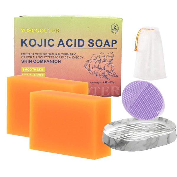 YOSEGOOTER Turmeric Kojic Acid Soap Bars - Face&Body Dark Spots Remover, Natural and Organic Ingredients Skin Care Body Wash Pads, 2 PACKS With Soap Dish