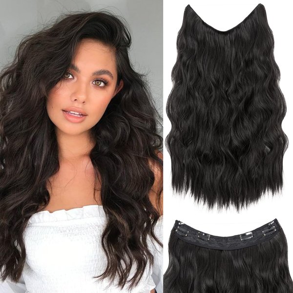 S-noilite Invisible Wire Hair Extensions 24 Inch Black Long Wavy Synthetic String Wire Secret Hairpiece with Transparent Curly Wavy Wire Clips in Hair Extensions for Women Adjustable Size,#2A