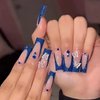 IMSOHOT Long Press on Nails Coffin French Tip Fake Nails Blue Butterfly Rhinestone False Nails with Designs Full Cover Acrylic Nails Glossy Glitter Glue on Nail for Women 24pcs
