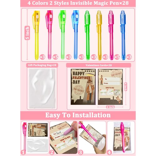 iGeeKid 28 Pack Valentine's Day Cards for Kids Invisible Ink Pen with UV Black Light Valentine Gift School Supplies Secret Spy Pens Magic Disappearing Ink Markers Valentine's Gift Classroom Exchange