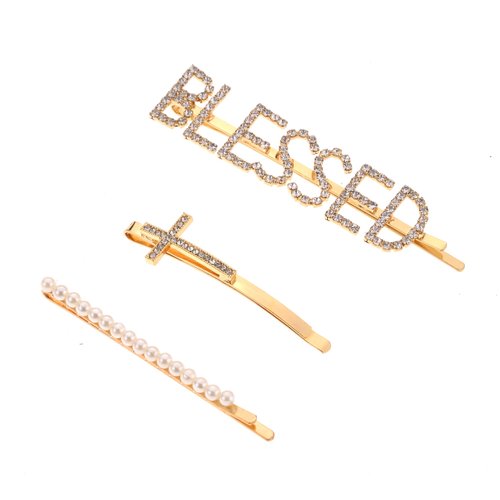 XOXO Blessed Cross Hair Clips with Faux Pearls and Rhinestones, 2.5-3.5 inches, Set of 3