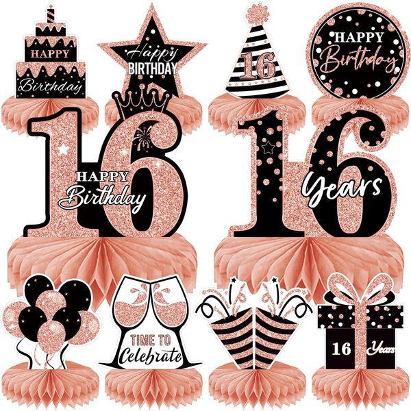 10Pcs Rose Gold Sweet 16th Birthday Decorations for Girls,16th birthday Honeycomb centerpieces for tables ，Sixteen Year Old Birthday Table Toppers Sign Decor
