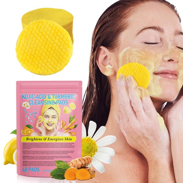 Turmeric Cleansing Pads Kojic Acid Turmeric Cleansing Pads, Face Turmeric & Kojic Acid Pads for Dark Spots, Glow Up Acne Scars, Unclog Pores, Enriched Vitamin C,Gentle & Non-Irritating 40 pads