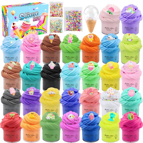 30Pack Butter Slime Kit with Cute Charms,Soft and Non-Sticky Stress Relief DIY Educational Toy Party Favors Christmas Birthday Gift for Kids Boys Girls