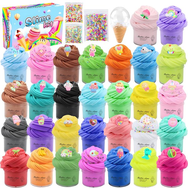 30Pack Butter Slime Kit with Cute Charms,Soft and Non-Sticky Stress Relief DIY Educational Toy Party Favors Christmas Birthday Gift for Kids Boys Girls