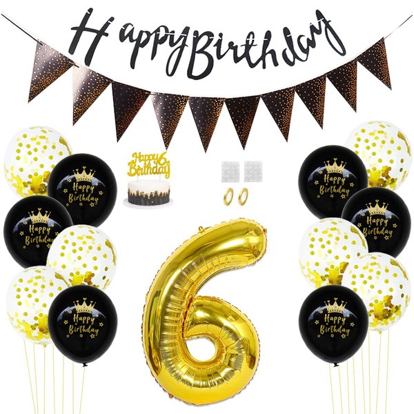 Daimay 6th Birthday Party Decorations Gold Black Happy Birthday Latex Confetti Balloons Triangle Flag Banner Number 6 Foil Balloon Cake Topper for Men Women Anniversary Birthday Party Supplies