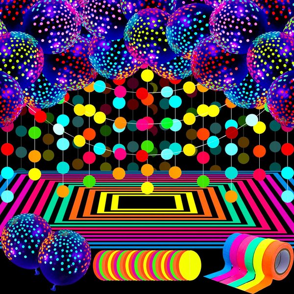 Glow in the Dark Party Supplies Glow Neon Party Supply Set, 98.4 ft 6 Rolls Blacklight Luminous Tape 14.4 ft Neon Streamer Garland 25 Pcs Fluorescent Balloon Decoration(Clear, Dot, Clear Dot)