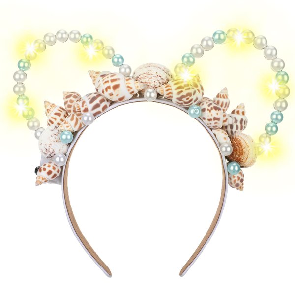 VISSTREE Mermaid Mouse Ears Headband - Shiny LED Light Up Ocean Shell Conch Pearls Resin Mouse Ears Crown for Women Girls Themed Park Trip Essentials Headwear Costume Accessories