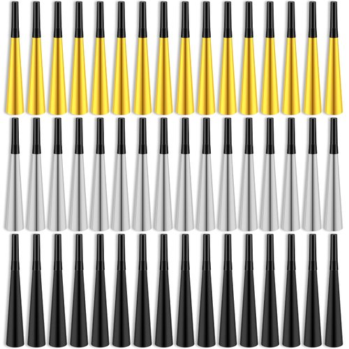 Syhood 48 Pcs 48 Pcs New Year's Party Horns Glitter Metallic Foil Horns Gold Black Silver Party Noise Makers Party Horns for Birthday Sporting Events New Year's Eve Party Favors Supply