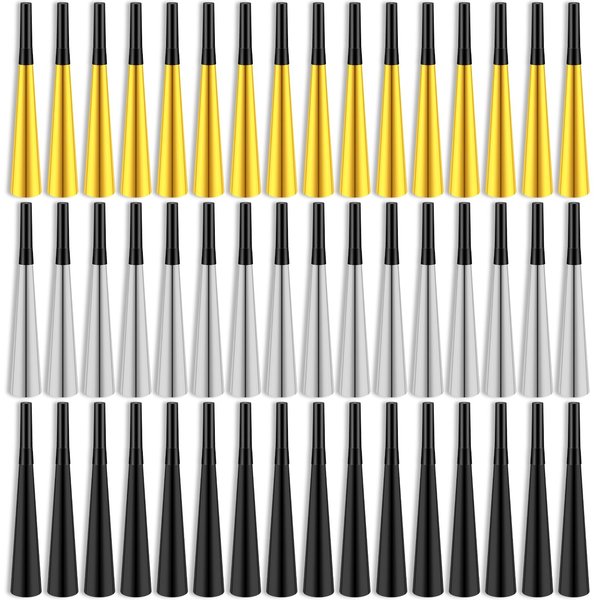 Syhood 48 Pcs 48 Pcs New Year's Party Horns Glitter Metallic Foil Horns Gold Black Silver Party Noise Makers Party Horns for Birthday Sporting Events New Year's Eve Party Favors Supply